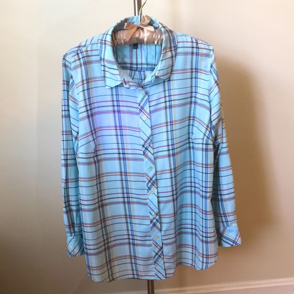 Talbots Tops - Talbots 100% Cotton Beautiful Robin’s Egg Blue Plaid Blouse, Sz 1X